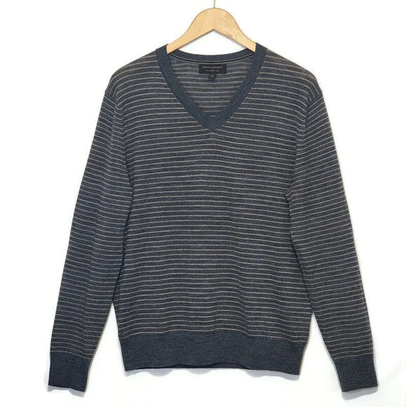 Banana Republic Men Merino Wool Sweater Gray Stripe V Neck Long Sleeve Classic M - Picture 1 of 11
